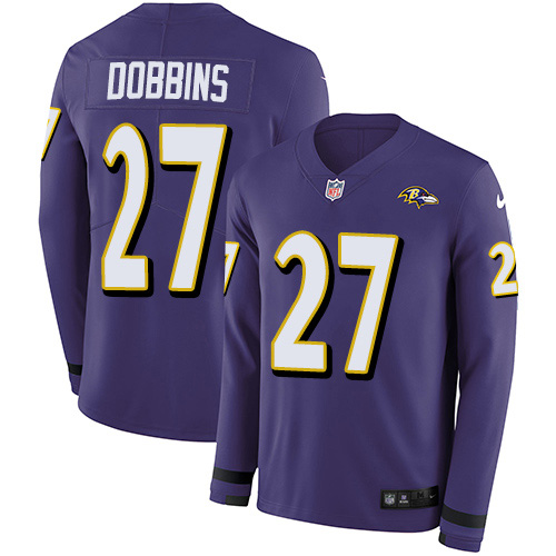 Nike Ravens #27 J.K. Dobbins Purple Team Color Youth Stitched NFL Limited Therma Long Sleeve Jersey